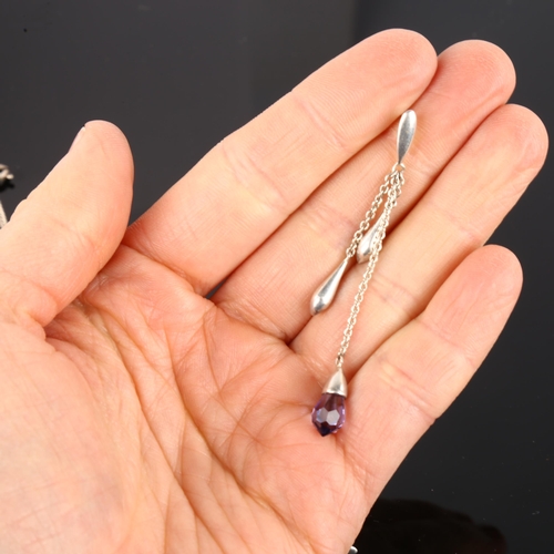 1252 - A modern silver and amethyst glass pendant necklace and earring set, pendant height 76.1mm, chain le... 