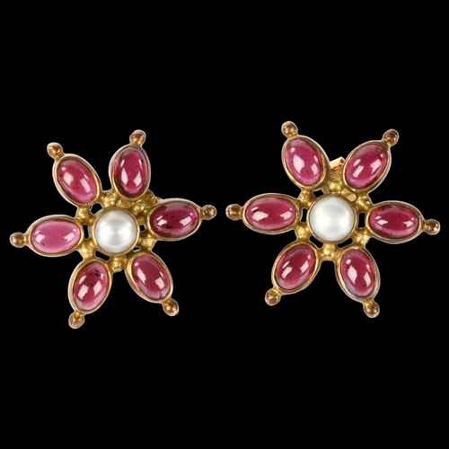 1261 - A pair of silver-gilt garnet and pearl ship's wheel earrings, earring diameter 23.8mm, 7.3g