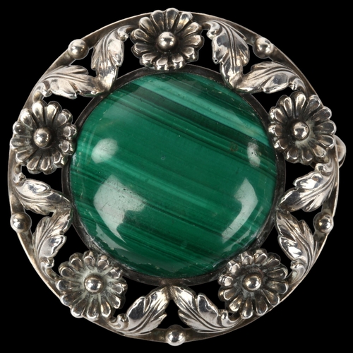 1262 - NIELS ERIK FROM - a Danish modernist sterling silver and malachite floral brooch, diameter 33.7mm, 1... 