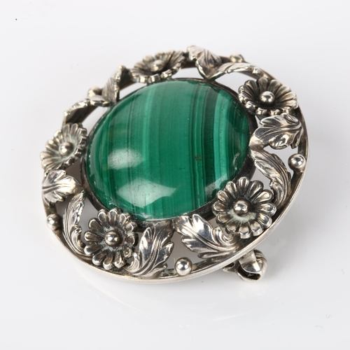 1262 - NIELS ERIK FROM - a Danish modernist sterling silver and malachite floral brooch, diameter 33.7mm, 1... 