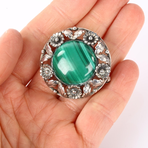 1262 - NIELS ERIK FROM - a Danish modernist sterling silver and malachite floral brooch, diameter 33.7mm, 1... 