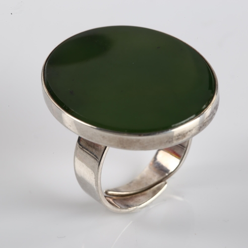 1263 - NIELS ERIK FROM - a Danish sterling silver and nephrite panel ring, setting height 30.3mm, size P, 1... 