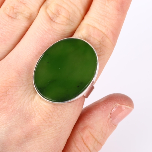 1263 - NIELS ERIK FROM - a Danish sterling silver and nephrite panel ring, setting height 30.3mm, size P, 1... 