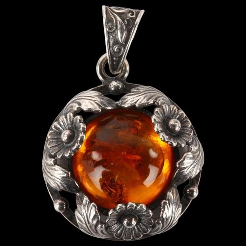 1265 - NIELS ERIK FROM - an Art Nouveau Danish sterling silver and amber floral pendant, height 35.4mm, 7.6... 