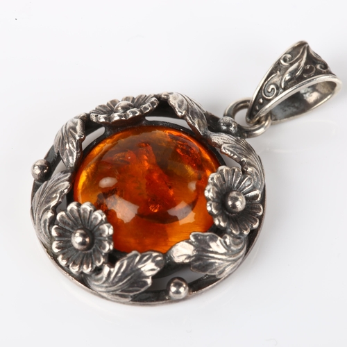 1265 - NIELS ERIK FROM - an Art Nouveau Danish sterling silver and amber floral pendant, height 35.4mm, 7.6... 