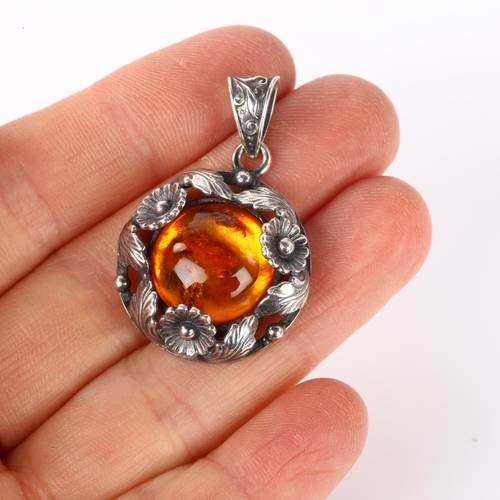 1265 - NIELS ERIK FROM - an Art Nouveau Danish sterling silver and amber floral pendant, height 35.4mm, 7.6... 