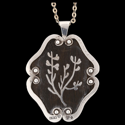 1273 - A Swedish silver and hardwood floral pendant necklace, on silver chain, pendant height 51.8mm, chain... 