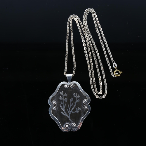 1273 - A Swedish silver and hardwood floral pendant necklace, on silver chain, pendant height 51.8mm, chain... 