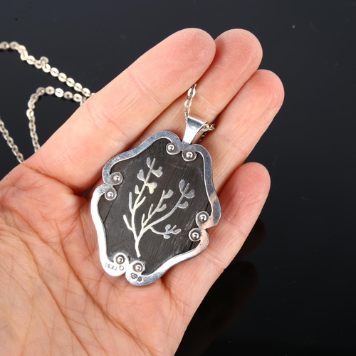 1273 - A Swedish silver and hardwood floral pendant necklace, on silver chain, pendant height 51.8mm, chain... 