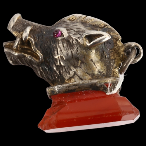 1276 - An Antique Continental agate boar's head seal fob, unmarked silver-gilt settings with ruby eyes, fob... 