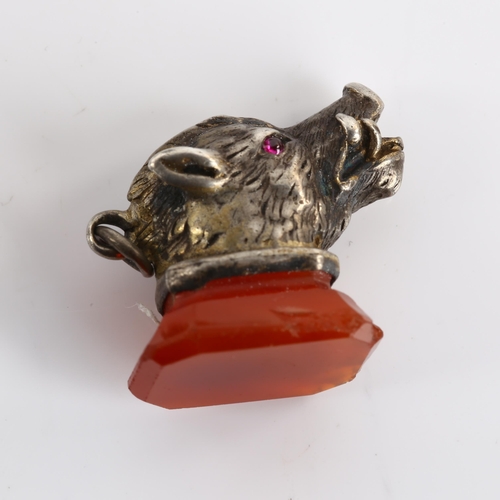 1276 - An Antique Continental agate boar's head seal fob, unmarked silver-gilt settings with ruby eyes, fob... 