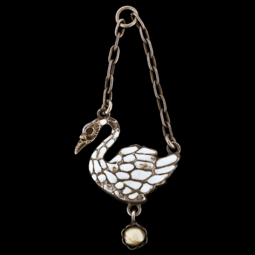 1278 - A Renaissance style Continental silver enamel and pearl figural swan pendant, pendant height 53mm, 7... 