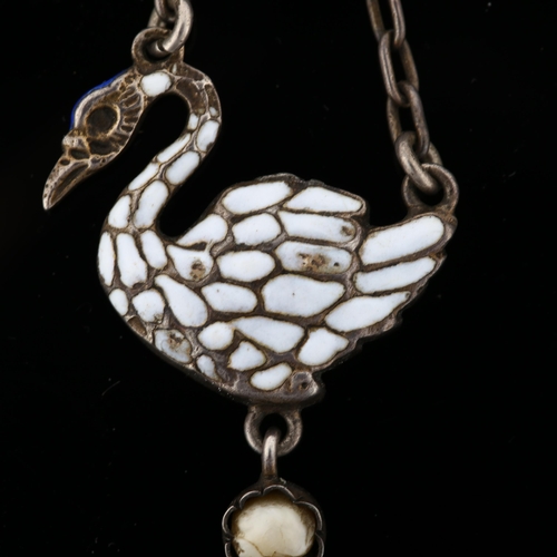 1278 - A Renaissance style Continental silver enamel and pearl figural swan pendant, pendant height 53mm, 7... 