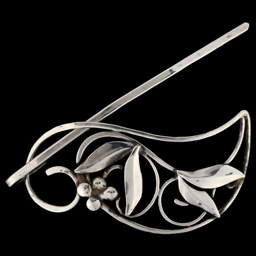 1285 - JANINA - a Danish modernist floral hair clip, unmarked white metal settings, length 9cm, 23.8g