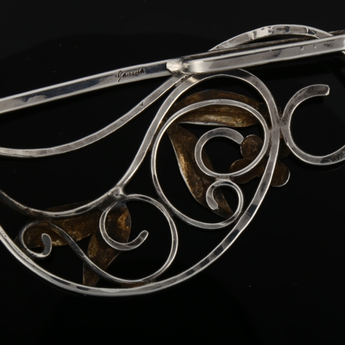 1285 - JANINA - a Danish modernist floral hair clip, unmarked white metal settings, length 9cm, 23.8g