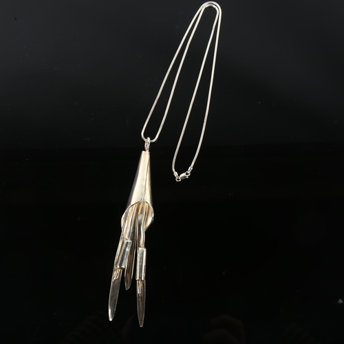 1298 - A large handmade sterling silver bulrush pendant necklace, on silver snake link chain, by Claude Wil... 