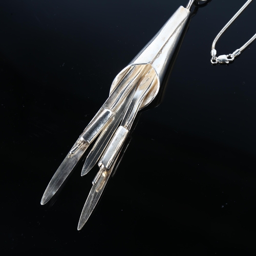 1298 - A large handmade sterling silver bulrush pendant necklace, on silver snake link chain, by Claude Wil... 