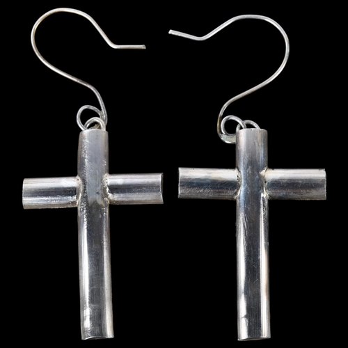 1301 - A pair of cross drop earrings, by Claude Wilkes, earring height 63.8mm, 12.9g