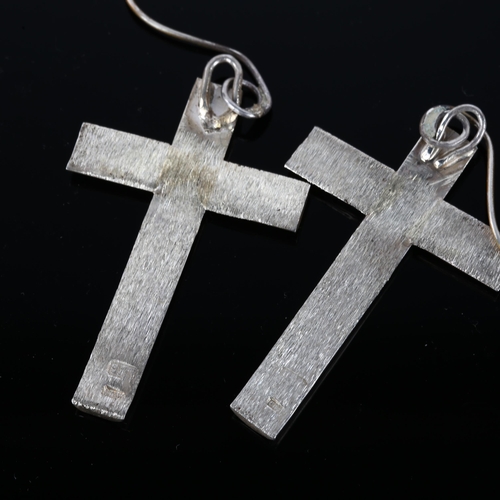 1301 - A pair of cross drop earrings, by Claude Wilkes, earring height 63.8mm, 12.9g