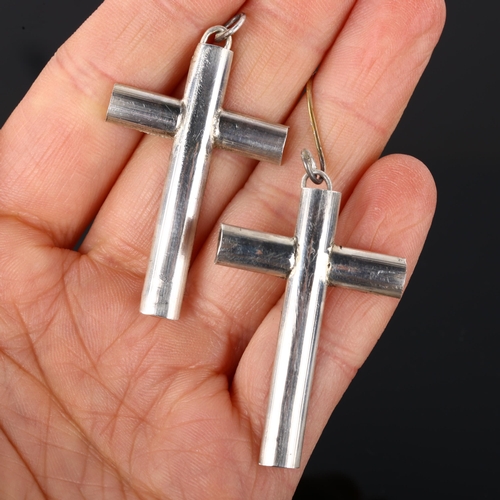 1301 - A pair of cross drop earrings, by Claude Wilkes, earring height 63.8mm, 12.9g