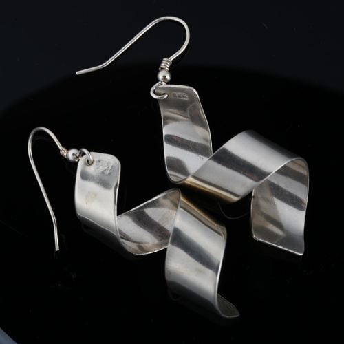 1304 - A pair of sterling silver spiral drop earrings, by Claude Wilkes, earring height 55.9mm, 7.8g