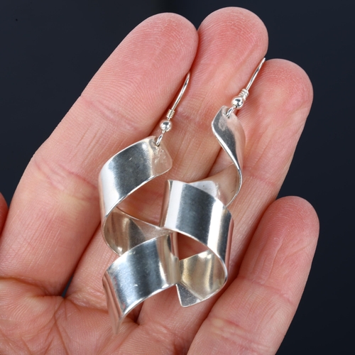 1304 - A pair of sterling silver spiral drop earrings, by Claude Wilkes, earring height 55.9mm, 7.8g