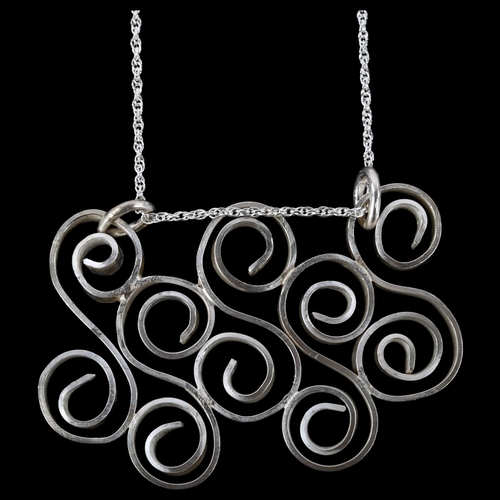 1305 - A handmade sterling silver spiral pendant necklace, by Claude Wilkes, hallmarks London 2019, pendant... 