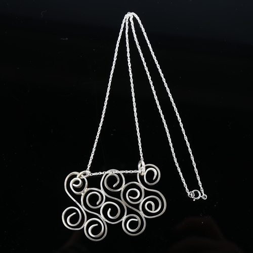 1305 - A handmade sterling silver spiral pendant necklace, by Claude Wilkes, hallmarks London 2019, pendant... 