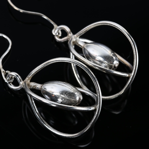 1307 - A pair of sterling silver cage drop earrings, by Claude Wilkes, earring height 56.3mm, 11g