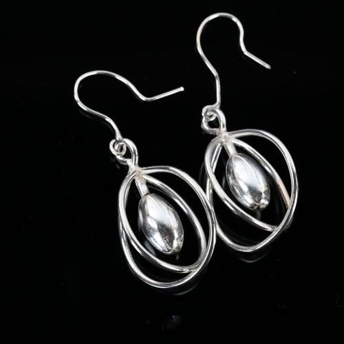 1307 - A pair of sterling silver cage drop earrings, by Claude Wilkes, earring height 56.3mm, 11g