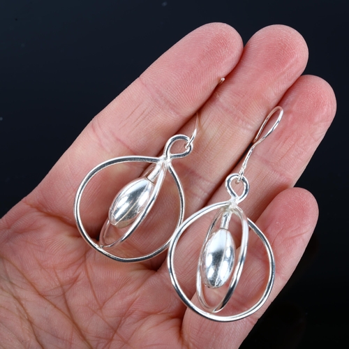 1307 - A pair of sterling silver cage drop earrings, by Claude Wilkes, earring height 56.3mm, 11g