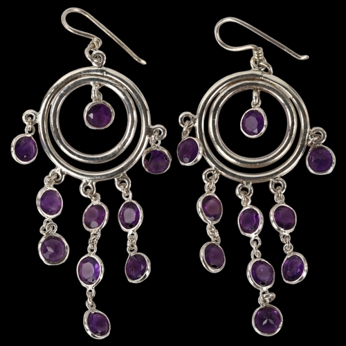 1309 - A pair of handmade sterling silver amethyst dream catcher drop earrings, height 56.3mm, 5.6g