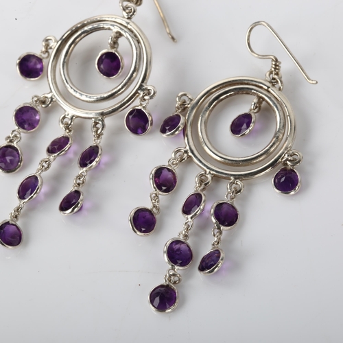 1309 - A pair of handmade sterling silver amethyst dream catcher drop earrings, height 56.3mm, 5.6g