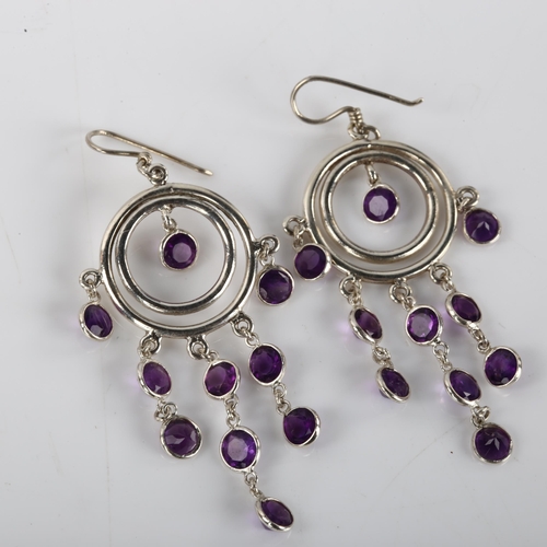 1309 - A pair of handmade sterling silver amethyst dream catcher drop earrings, height 56.3mm, 5.6g