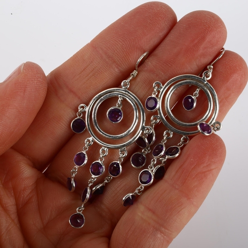 1309 - A pair of handmade sterling silver amethyst dream catcher drop earrings, height 56.3mm, 5.6g