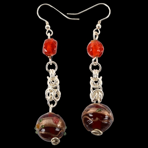 1311 - A pair of handmade sterling silver and glass drop earrings, by Claude Wilkes, height 72.9mm, 15.1g