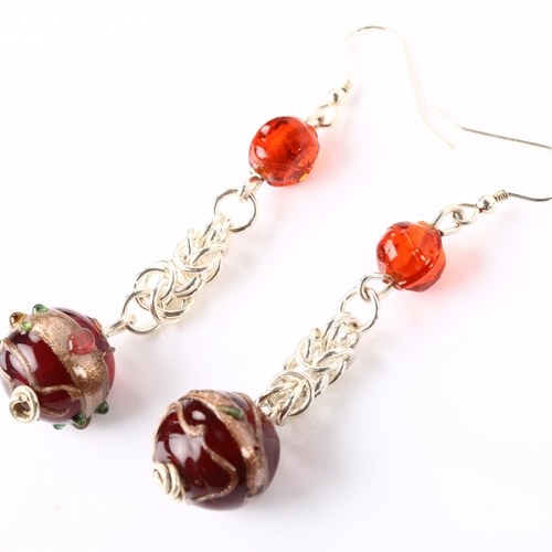 1311 - A pair of handmade sterling silver and glass drop earrings, by Claude Wilkes, height 72.9mm, 15.1g