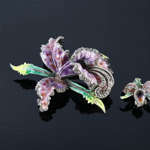 1314 - A Vintage marcasite and enamel orchid brooch and earring set, unmarked silver settings, brooch lengt... 