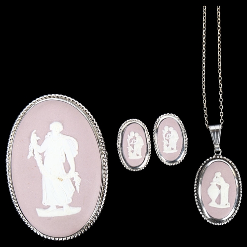 1315 - A Wedgwood Jasperware silver and porcelain cameo jewellery set, comprising pendant necklace, brooch ... 