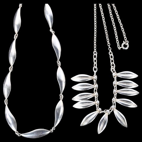 1318 - 2 Danish modernist sterling silver leaf necklaces, lengths 35cm and 40cm, 26.1g total (2)