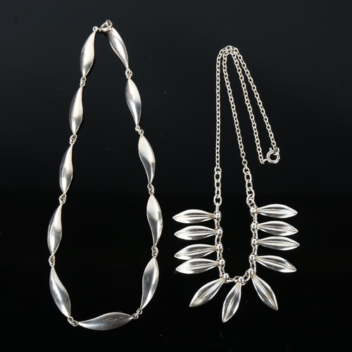 1318 - 2 Danish modernist sterling silver leaf necklaces, lengths 35cm and 40cm, 26.1g total (2)