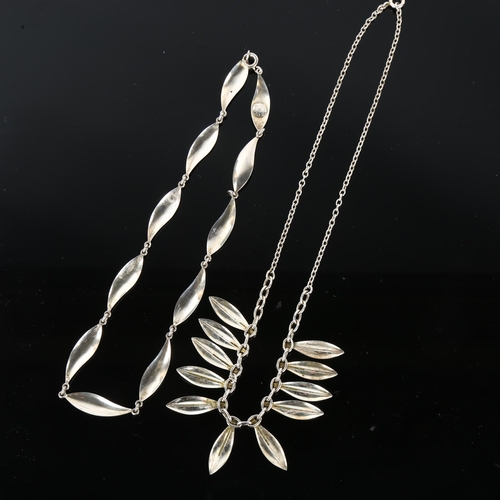 1318 - 2 Danish modernist sterling silver leaf necklaces, lengths 35cm and 40cm, 26.1g total (2)