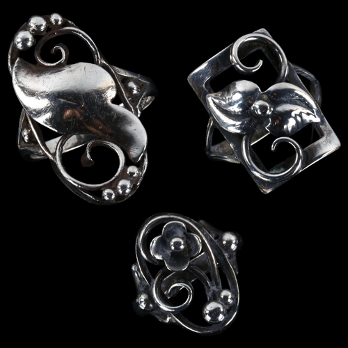 1319 - 3 Danish Art Nouveau silver floral rings, makers include John Lauridsen, sizes K, N and O, 11.2g tot... 