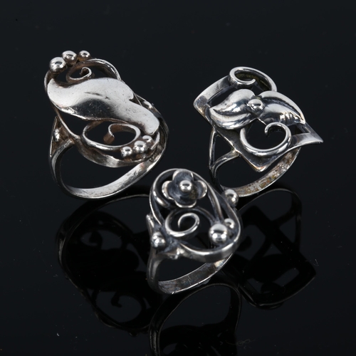 1319 - 3 Danish Art Nouveau silver floral rings, makers include John Lauridsen, sizes K, N and O, 11.2g tot... 