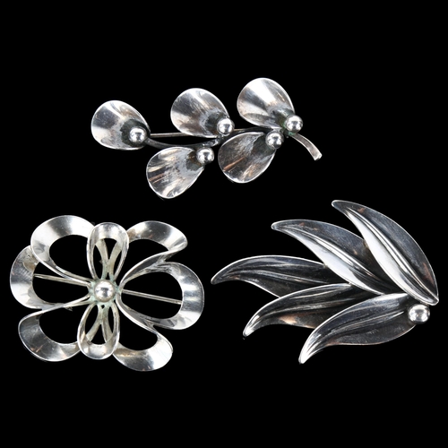 1322 - NIELS ERIK FROM - 3 Danish modernist sterling silver brooches, including leaf design, largest length... 