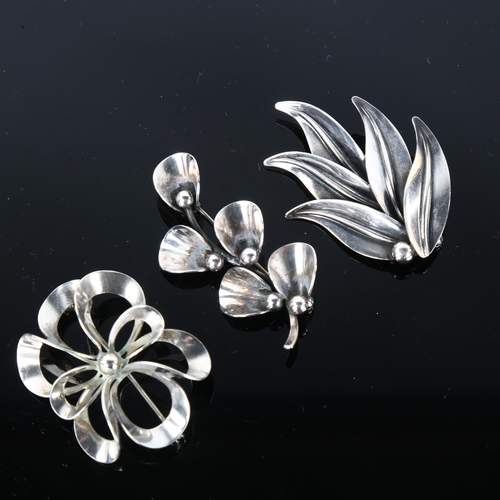 1322 - NIELS ERIK FROM - 3 Danish modernist sterling silver brooches, including leaf design, largest length... 