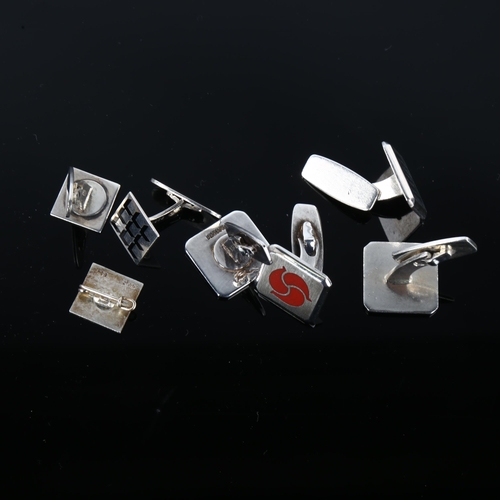 1331 - 3 pairs of Danish silver and enamel cufflinks, and a matching tie badge, largest panel width 17.1mm,... 