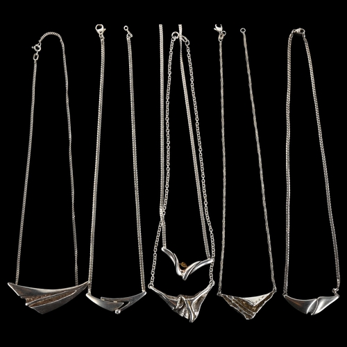 1335 - 6 Danish modernist silver fold pendant necklaces, makers include Gifa, largest pendant length 51.5mm... 