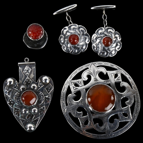 1336 - A group of Scandinavian sterling silver stone set jewellery, including pendant and pair of cufflinks... 