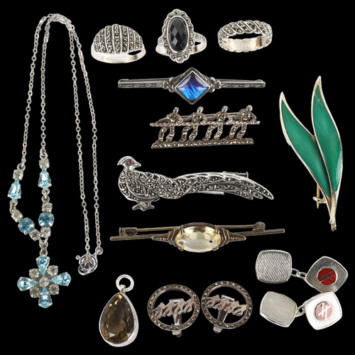 1345 - Various silver jewellery, including Thune of Norway green enamel leaf brooch, Hoover cufflinks etc, ... 